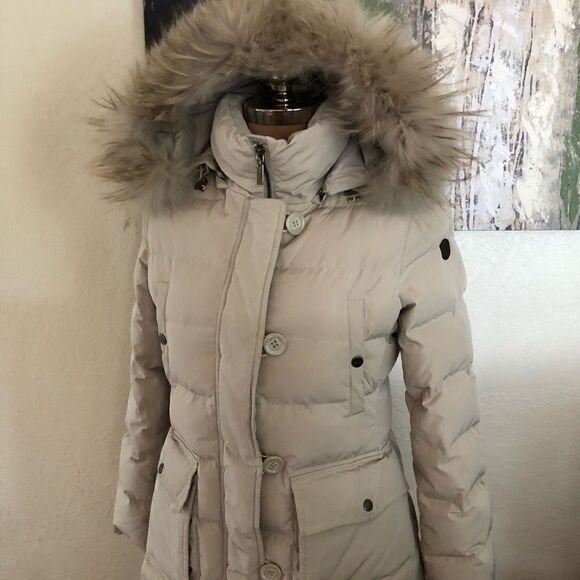 GIMO’S 6D180 Light Tan Cream Down Fur Trim Hooded Puffer Jacket - Picture 1 of 12